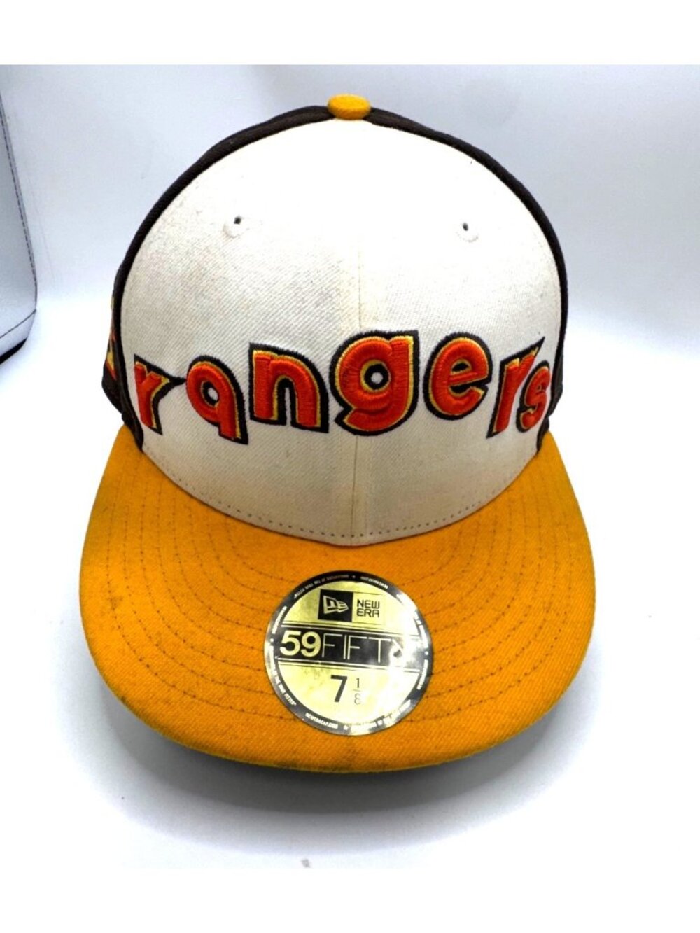 New Era 59FIFTY Texas Rangers MLB Hat Brown/Yellow 40th Anniv Fitted 7 1/8 Authe